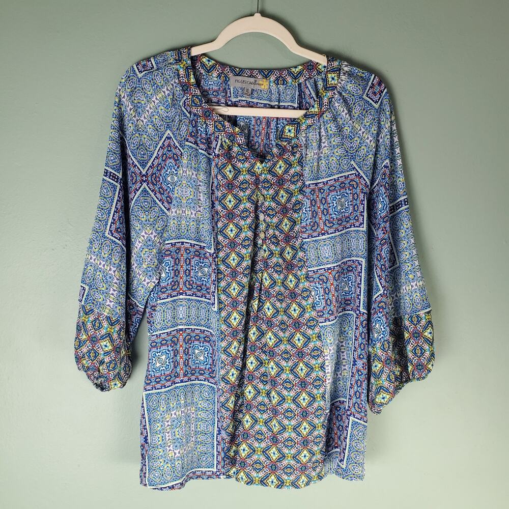 Figueora & Flower Womens Blue Geometric Pattern Boho Peasant Blouse Size XL